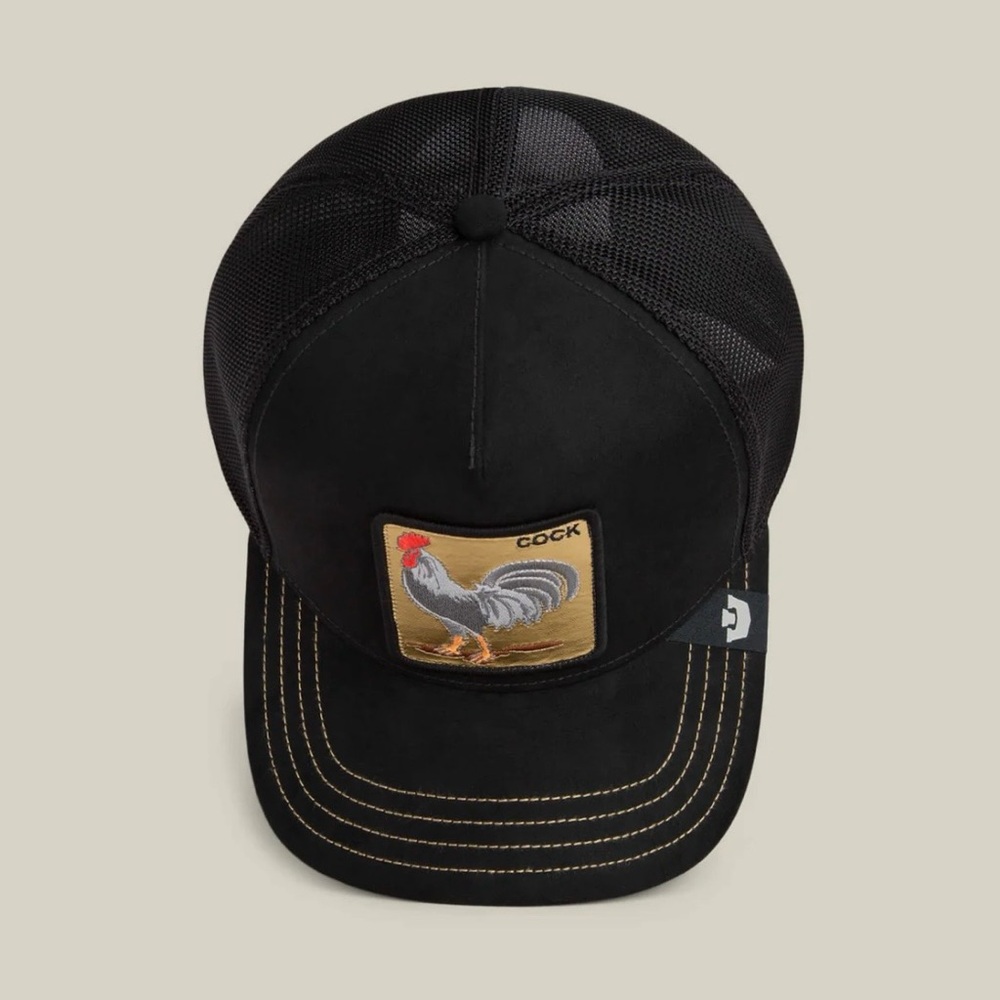 Goorin bros. Classic Black MICROSUEDE GOLDEN Rooster Patch Trucker Hat - Picture 8 of 10